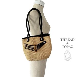 Woven Sisal and Suede Handbag with Cowrie Shell Decoration